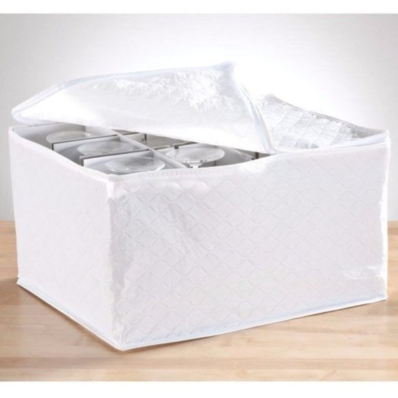Quilted Stemware Chest Soft Storage White Zippered Cushion Protects 12 G… - Picture 2 of 3